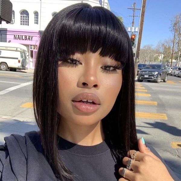 

lace wigs 4x4 closure wig short bob fringe with bangs front human hair for women remy brazilian, Black;brown