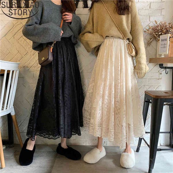 

black apricot long women high waist lace skirt elastic elegant casual a-line spring autumn korean skirts 13063 210417