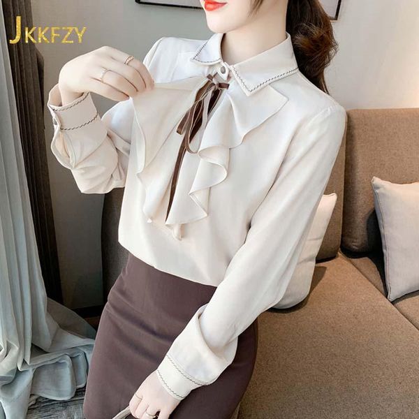 

women's blouses & shirts spring 2021 doll collar ruffle thin korean version shirt long sleeve plus size women clothing elegant casual c, White