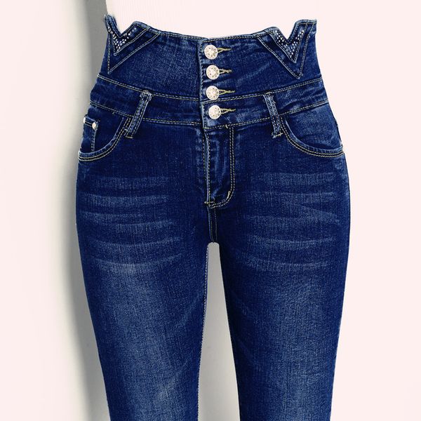 Весна высокие талии тощие джинсы для женщин плюс размер четыребортные тонкие эластичные повседневные джинсовые брюки карандаша брюки 210428