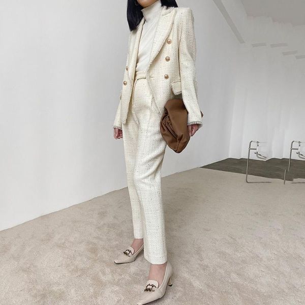 

women's two piece pants 2021 autumn french vintage small fragrant wind lady set elegant tweed jacket temperament skirt trousers suit fe, White
