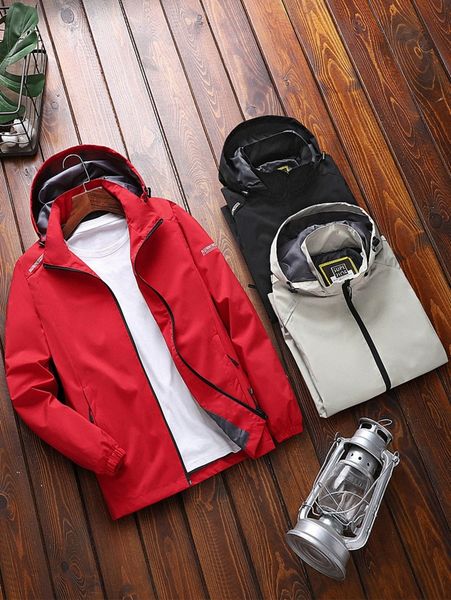 

men 3pcs letter graphic drawstring hooded jacket 48lo#, Black;brown