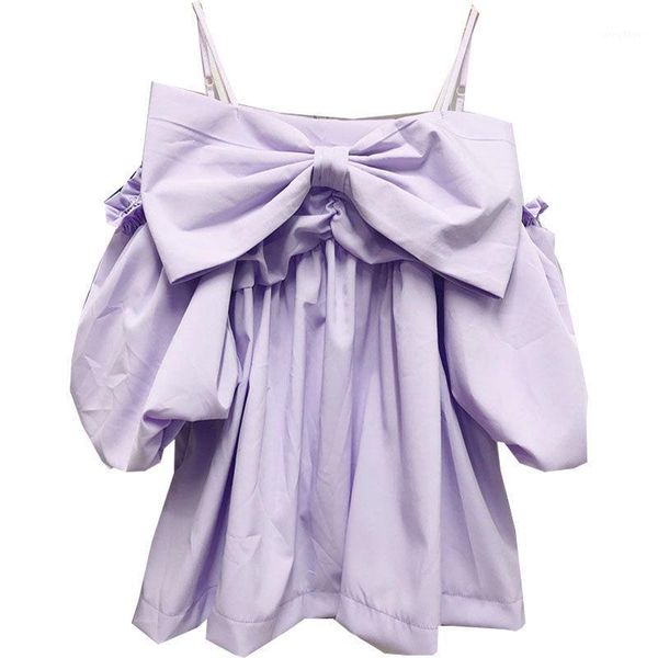 

women's blouses & shirts slash neck chiffon women blouse summer 2021 bow lanternsleeved loose sweet style female pulls outwear, White