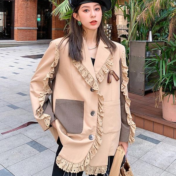 

women's suits & blazers [ewq] korea chic temperament apricot blazer women's autumn 2021 notched loose single breasted long sleeve s, White;black