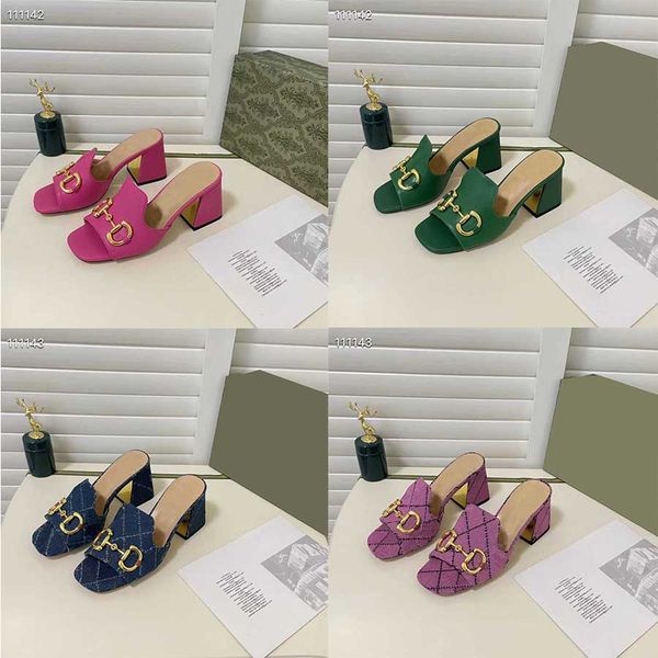 

designer sandals summer beach slippers fashion 100% leather metal buckle chunky slippers women shoes cowhide thick heel sandal lady letter h, Black