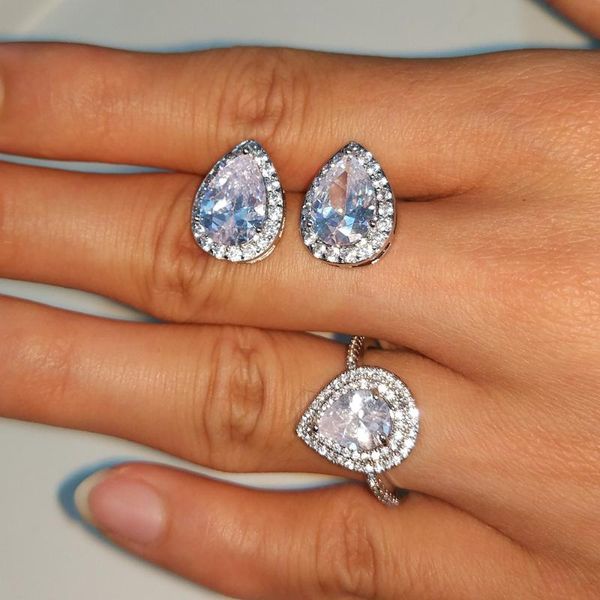 

earrings & necklace uilz 2pcs luxury silver color sparkling crystal jewelry set bridal drop-shaped rings wedding fashion accessories