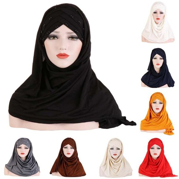 

ethnic clothing beads decor muslim headscarf forehead cross solid color jersey headwrap headband on the head women 2021 turban scarf hair ca, Red