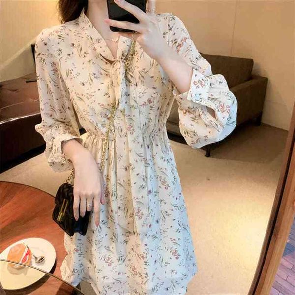 Chiffon impresso elegante vestido feminino francês pequeno floral laço mini saia verão coreano moda mulheres roupas 210520