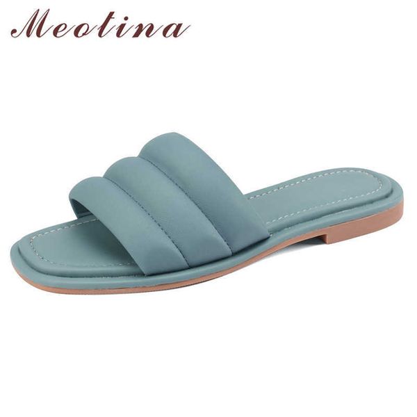 

meotina slippers shoes women natural genuine leather sandals flat slides square toe sheepskin ladies footwear summer blue 210608, Black