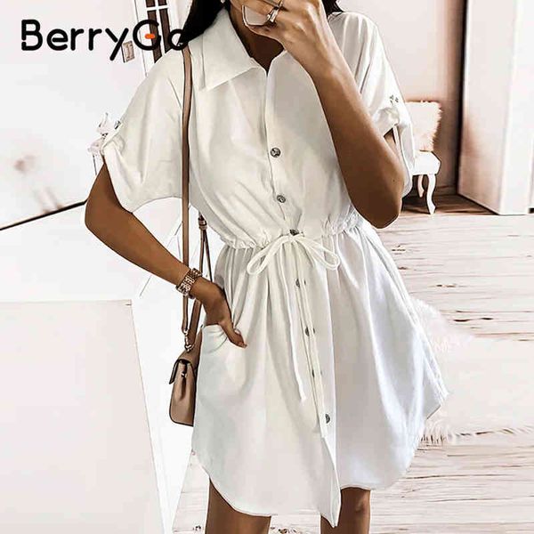 

berrygo white lace-up short sleeve cotton dress bat buttoned summer woman shirt dress casual loose officelady 210513, Black;gray
