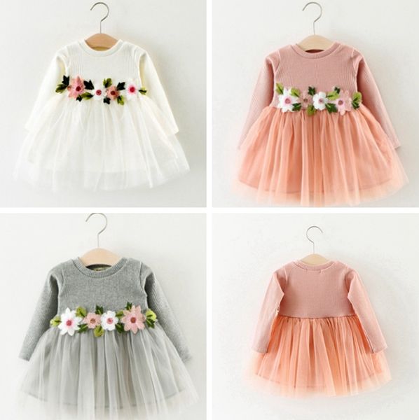 Vestiti per neonata Abiti per ragazze ricamati a fiori Abito da principessa a maniche lunghe Abiti in tulle Boutique Abbigliamento per bambini 3 colori Opzionale DW4655