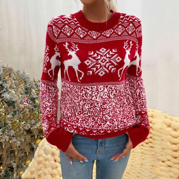 

women's sweaters 2021 christmas red knitted pullover sweater women autumn o neck long sleeve deer and snowflake fall jumper, White;black