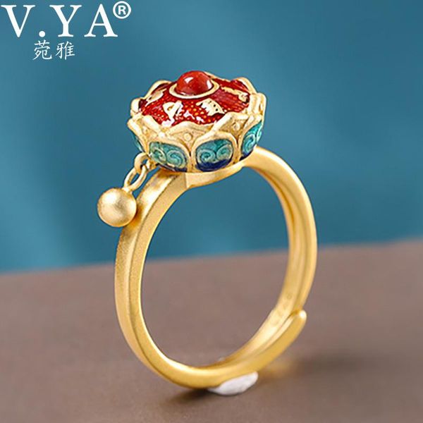 

cluster rings v.ya 925 silver buddhist ring for women tibetan prayer wheel lady rotating om mantra shift good luck jewelry, Golden;silver