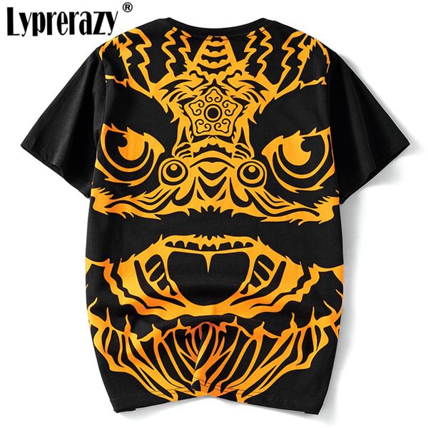 Casual Embroidery T-shirt Chinese Funny Lion Wake Men Streetwear Print Cotton Summer Short Sleeve Couples Tee