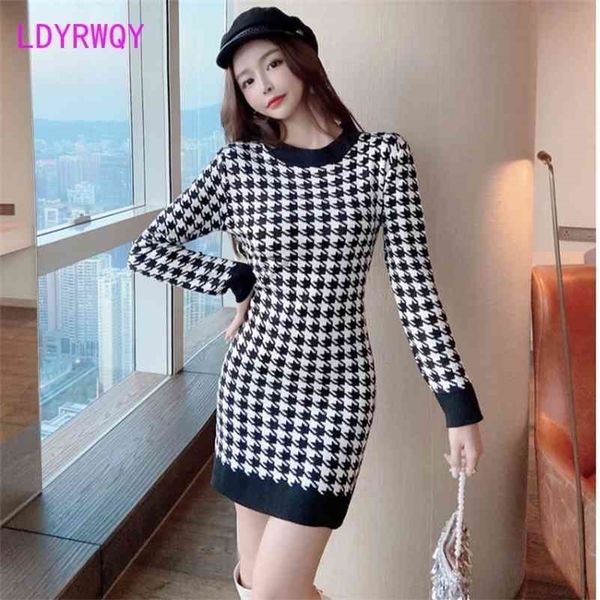 

women's spring products korean temperament round neck lattice knit bag hip dress sheath office lady 210416, Black;gray