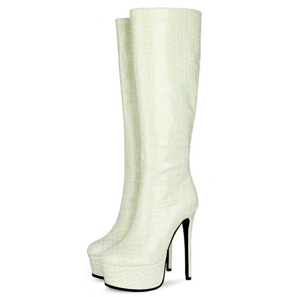 

boots knee high women winter shoes platform round toe 15 cm heels alligator print outdoor fashion, Black