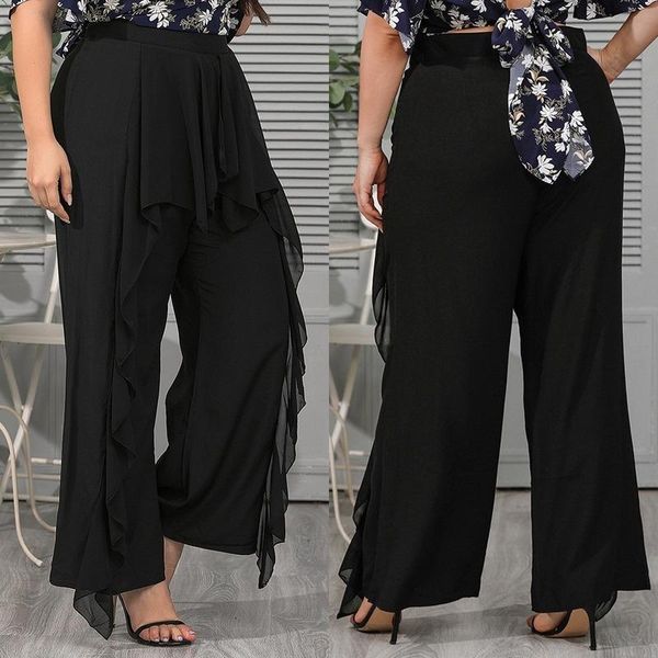 

women's pants & capris plus size xl-5xl high waist chiffon black solid color ruffled wide leg ladies' officewear long, Black;white