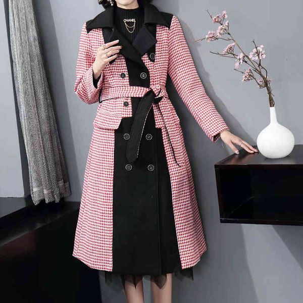 

winter tweed coat female lapel long thin double fitting belt breasted seam sweatshirt, Black