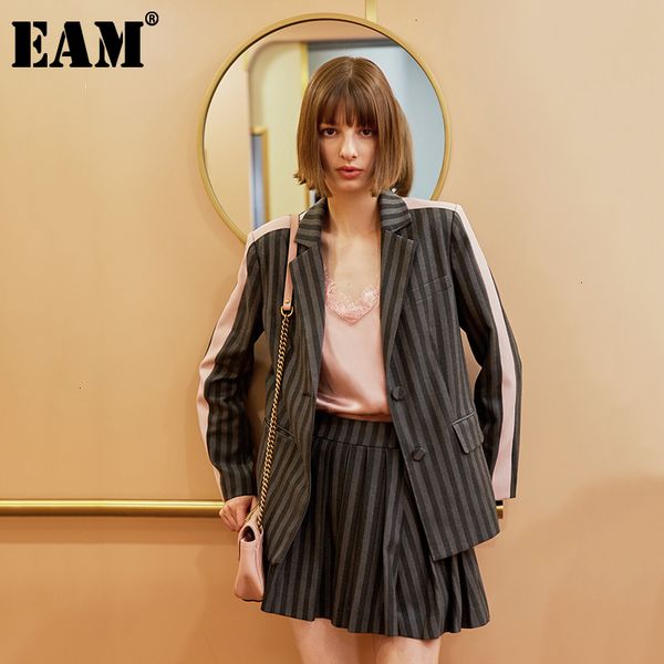 

[eam] half-body skirt gray striped two pieces suit lapel long sleeve black loose women fashion spring autumn 1h097 21512, White