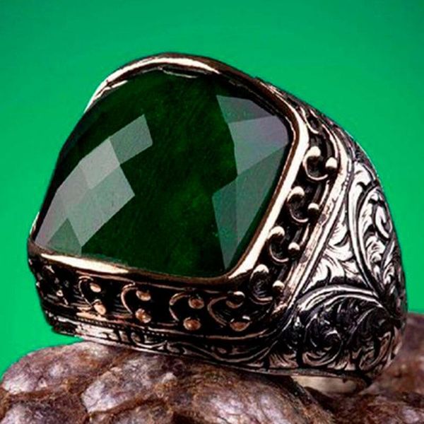 

cluster rings 925 sterling silver ring for man real pure green zircon stone handmade turkish jewelry, Golden;silver