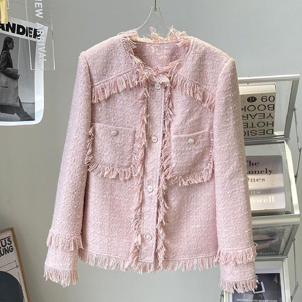 

women's wool & blends spring autumn chic o-neck tassels tweed coat c989, Black