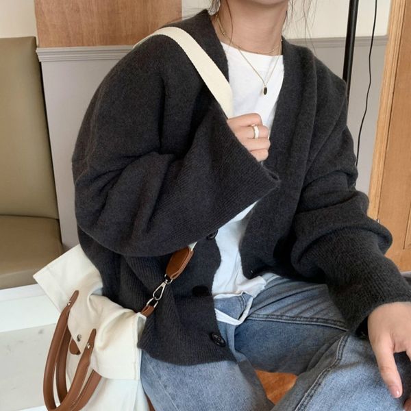

cashmere wool coat women autumn winter oversized cardigan korean loose lazy knit v-neck jacket woman sweaters 210420, White;black
