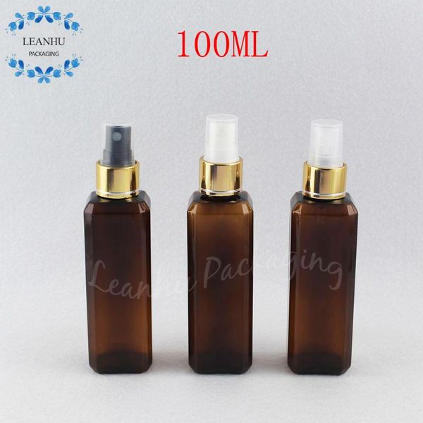 

storage bottles & jars 100ml brown square plastic bottle with gold spray pump , 100cc makeup sub-bottling toner / water packaging