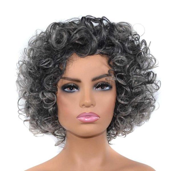 

black deep granny grey short style big explosive ffy curl wig head cover female