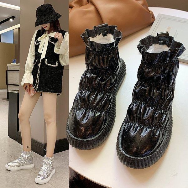 

boots one yona 2021 winter web celebrity fashion plush women shoes pleated middle heels flat with slip-on, Black