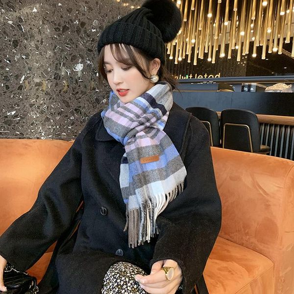 

winter brand warm check scarf cashmere shawl women's cloak thick blanket fringed holiday gift scarves, Blue;gray