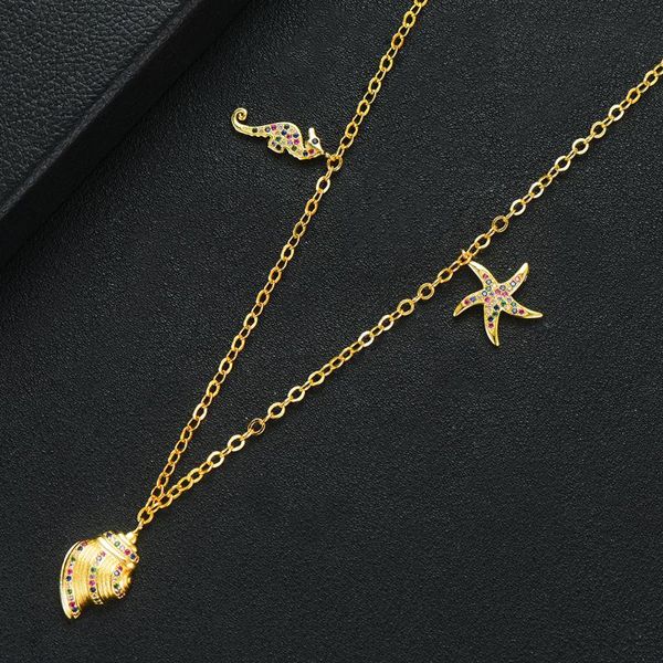 

chains eyika fashion pave mix color zircon shell conch sea star hippocampus small pendant necklace charm women gold beach jewelry, Silver