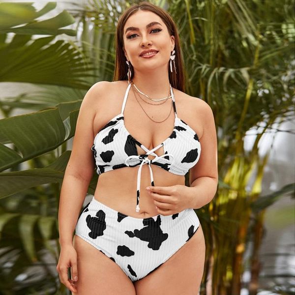 Mulheres de louça de banho feminina Mulheres com estampa de vaca sexy Plus Size Bikinis 2021 Push Up Swimsuit Feminino Cintura alta Biquíni