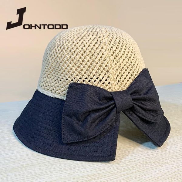 

wide brim hats 2021 summer women bow sun hat floppy outdoors beach panama straw dome bucket hollow out visor bonnet, Blue;gray