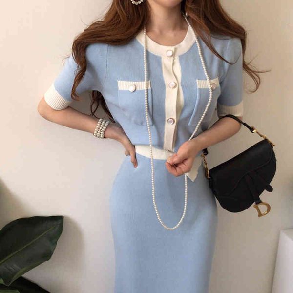 

two piece dress fashion korean elegant knitted 2 pieces sets hit color single breasted short sleeve o-neck + high waist long, White