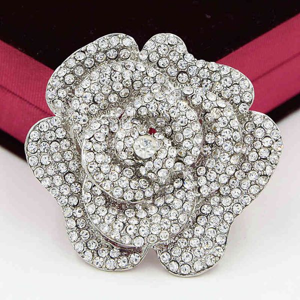 Çarpıcı Diamante Kristal Büyük Gül Çiçek Düğün Gelin Zarif ING Lüks Kadın Parti Kostüm Broş Pins