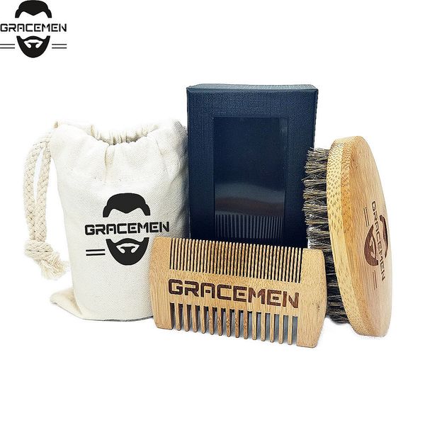 MOQ 100 conjuntos OEM logotipo personalizado Eco-amigável cabelo de bambu / barba kit com caixa de saco para homem bigode barbas pincel e pente conjunto