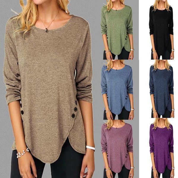 

women's t-shirt irregular buttons hem split fork long sleeve women t shirt fall fashion 2021 office casual harajuku oversized clothing, White