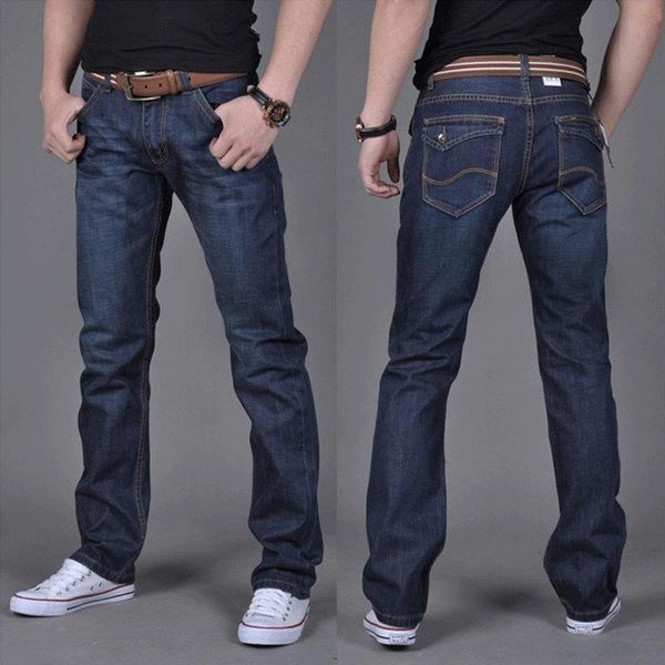 

men's jeans four seasons straight leg trousers made old craft loose large size youth slim casual korean, Blue