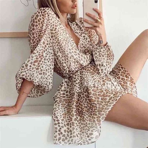 Estate elegante moda a vita media O collo senza spalline abito in chiffon stampa spiaggia Leopard midi per abiti da donna 210508