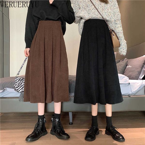 

werueruyu corduroy vintage skirt women autumn elegant mini skirts 210608, Black