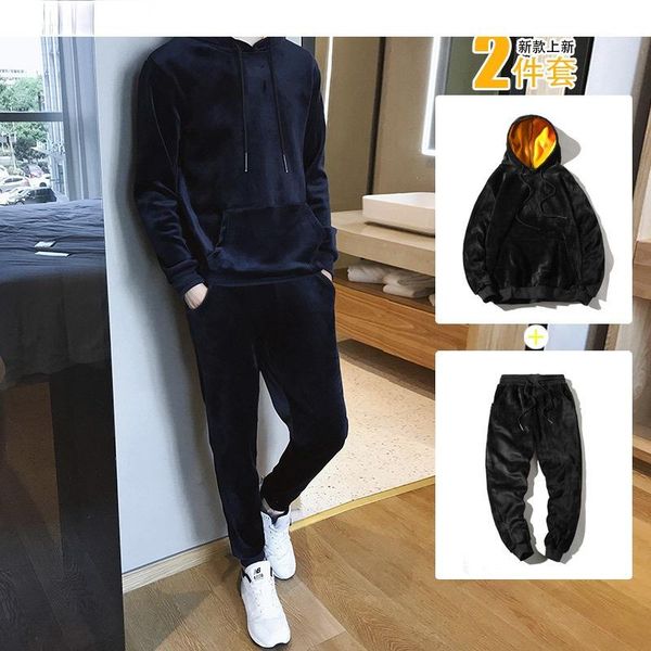 

men's tracksuits 2021 2 pieces set golden velvet tracksuit men soft warm hooded hoodies and pants casual track suit autumn outfit, Gray