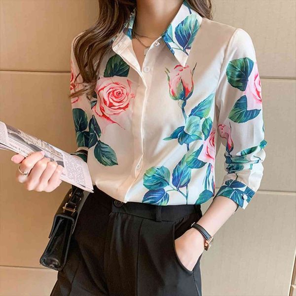 

korean silk satin print women shirts long sleeve plus size floral xxl, White