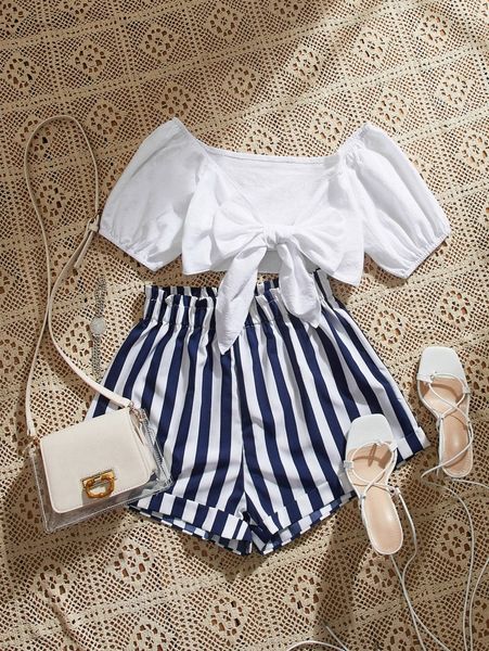 

crop tie front & striped shorts 34e9#, White