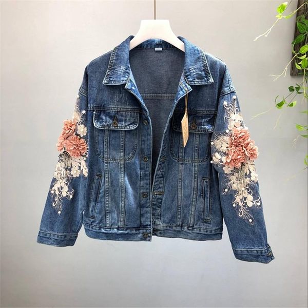 

women's jackets 2021 autumn women embroidered three-dimensional flower short wash long-sleeve denim jacket light blue female jeans, Black;brown