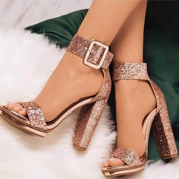 

sequin buckle chunky heels sandals open toe ankle strap sparkling glitter wedding shoes cut-out square dress, Black