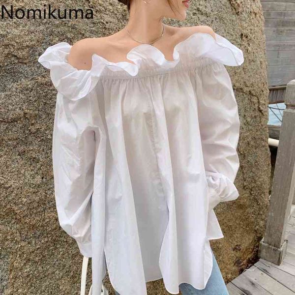 Nomikuma Ruffle Slash Neck Camicetta Donna Split Design Manica lunga Spalla nuda Top Casual Allentato Stile coreano Camicie Blusas 210514