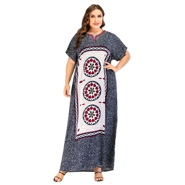 

plus size dresses 2021 summer long robe casual women maxi to floor clothes embroidered american street wear sets short sleeve, Black