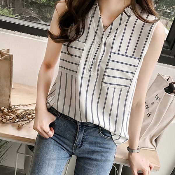 

women's blouses & shirts lucyever 2021 summer v-neck women elegant sleeveless pockets striped woman korean chic large size blouse top, White