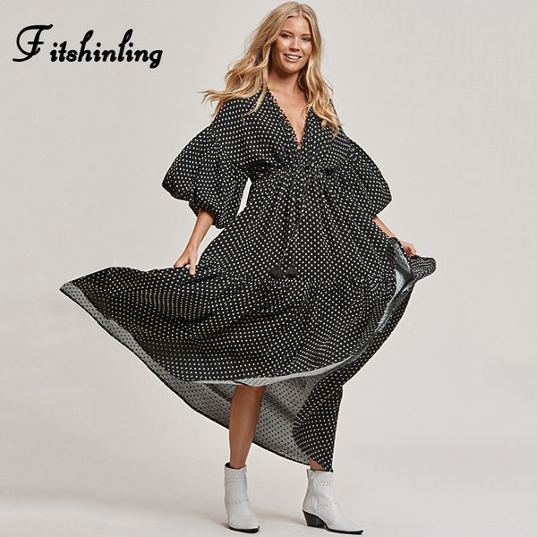 

fitshinling polka dot beach long dress women v ne bla robe holiday a line maxi dresses lantern sleeve boho pareos sale