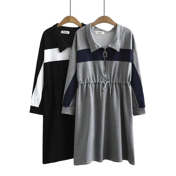 

casual dresses women long sleeve dress 2021 autumn turndown collar zipper sundress loose patchwork drawstring shirt plus size tunic, Black;gray